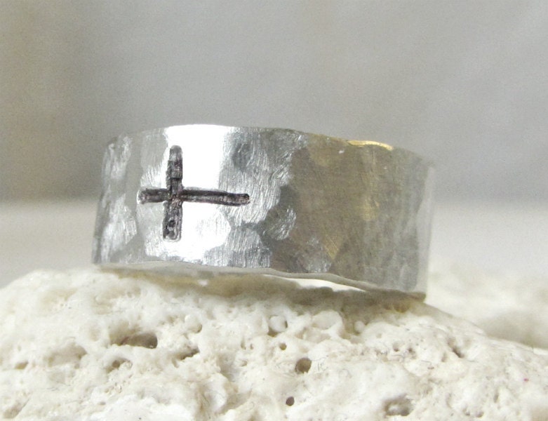 Mens Sideways Cross Ring- Hammered Silver Band Ring