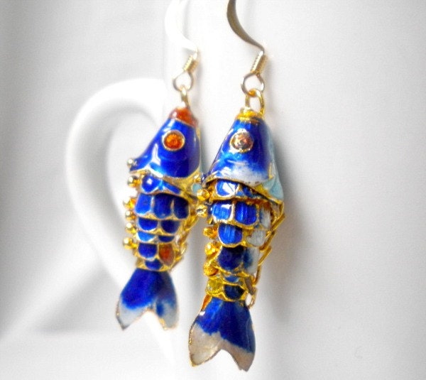 ON SALE-Fish Earrings Cloisonne Navy Blue Koi Enamel