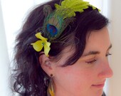 Maxine--Green glittery Faux- Headband fascinator with peacock feathers and hydrangea accent