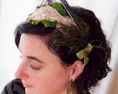 Moira--Light pink leaf glittery Faux- Headband fascinator with peacock feather