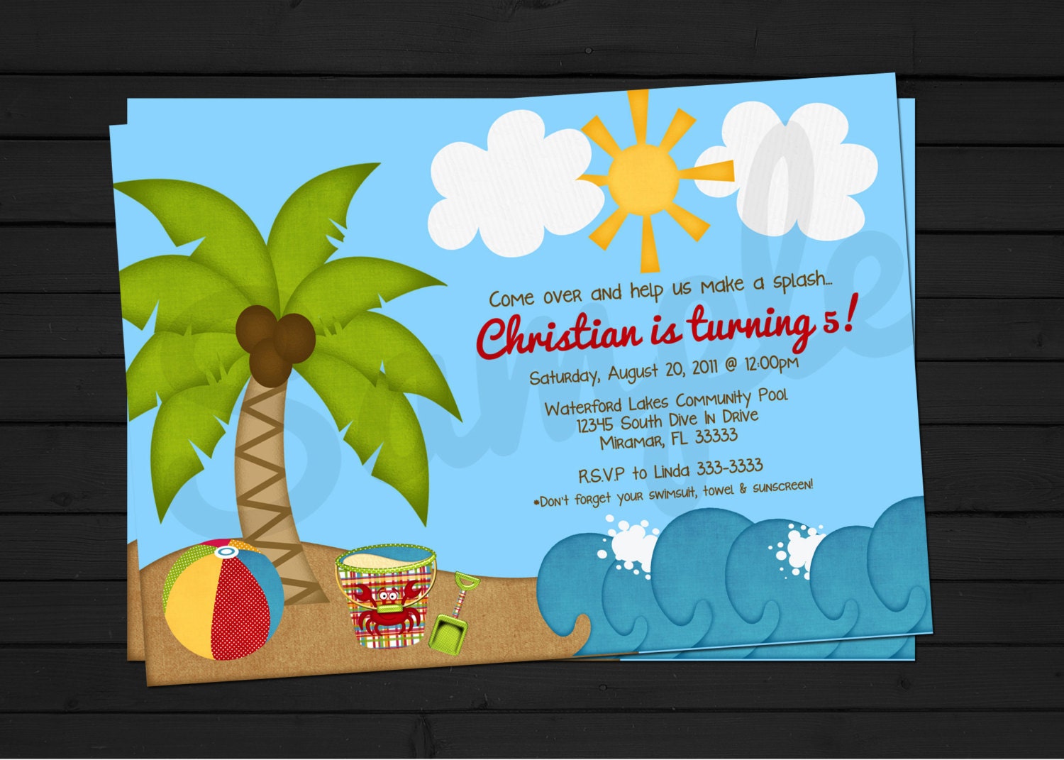Beach Party Themed Birthday Invitation Digital File YOU PRINT Il_570xn