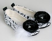 Toddler Couture Ballet Slippers - Toddler Shoe - Black & White Brocade with feathers and flowers -  Baby sizes too - Baby Souls Baby Shoes
