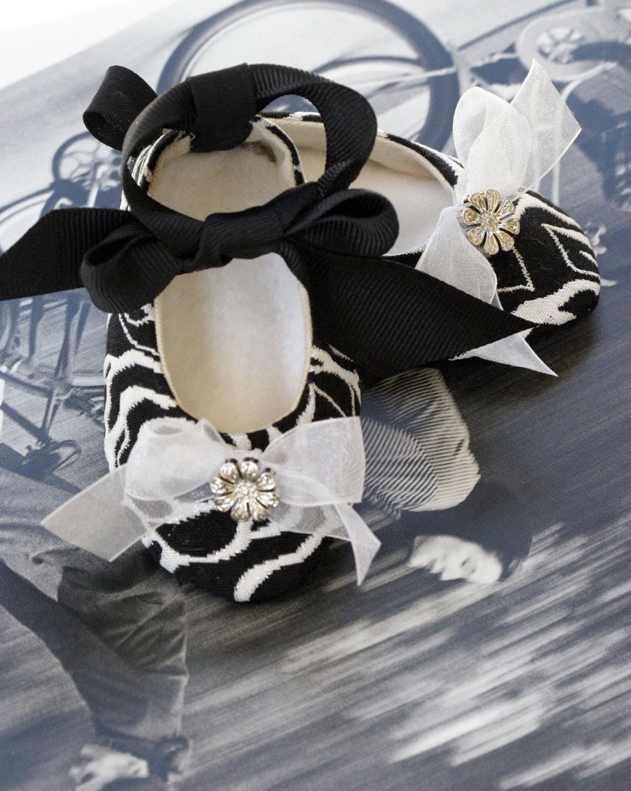 Baby Shoes Couture Ballet Slipper White Black Rose Brocade - Baby Souls Coco Series