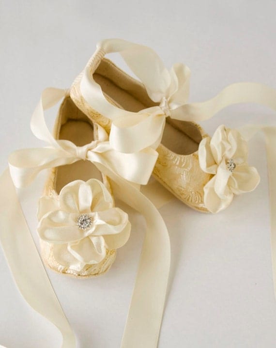 Wedding, Special Occasion, Toddler & Baby Shoes - Flower Girl - Couture Gold Brocade, Magnolia Flower Ballet Slipper - Baby Souls