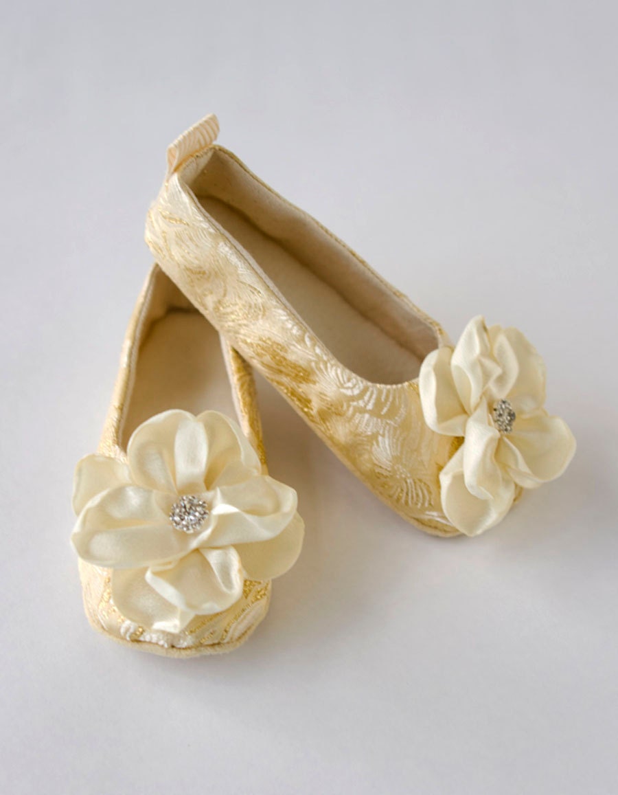 Wedding, Special Occasion, Toddler & Baby Shoes - Flower Girl - Couture Gold Brocade, Magnolia Flower Ballet Slipper - Baby Souls