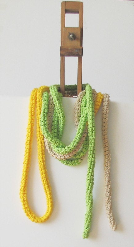 Fashion skinny scarf - extra long necklace -  bright spring colors cotton - Natural, margarita green and lemon yellow