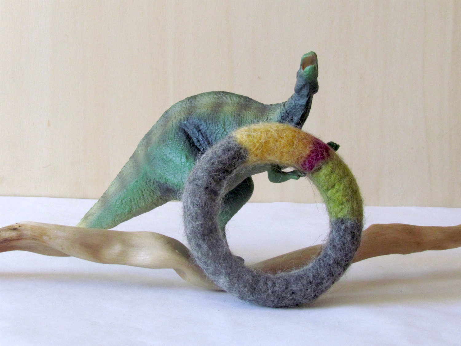 Grey Felted chunky bangles - organic wool - Grey, yellow, green and purle yarn