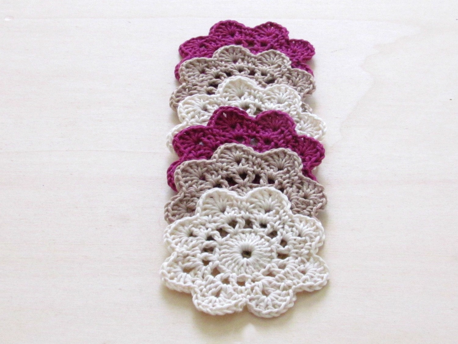 Crochet flower coasters / garland or embellishment / white cream and purple / set of 6