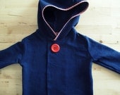 Hoodie toddler, little girl. Navy, red and white gingham trim. Sizes 2T, 3T, 4y, 5y.