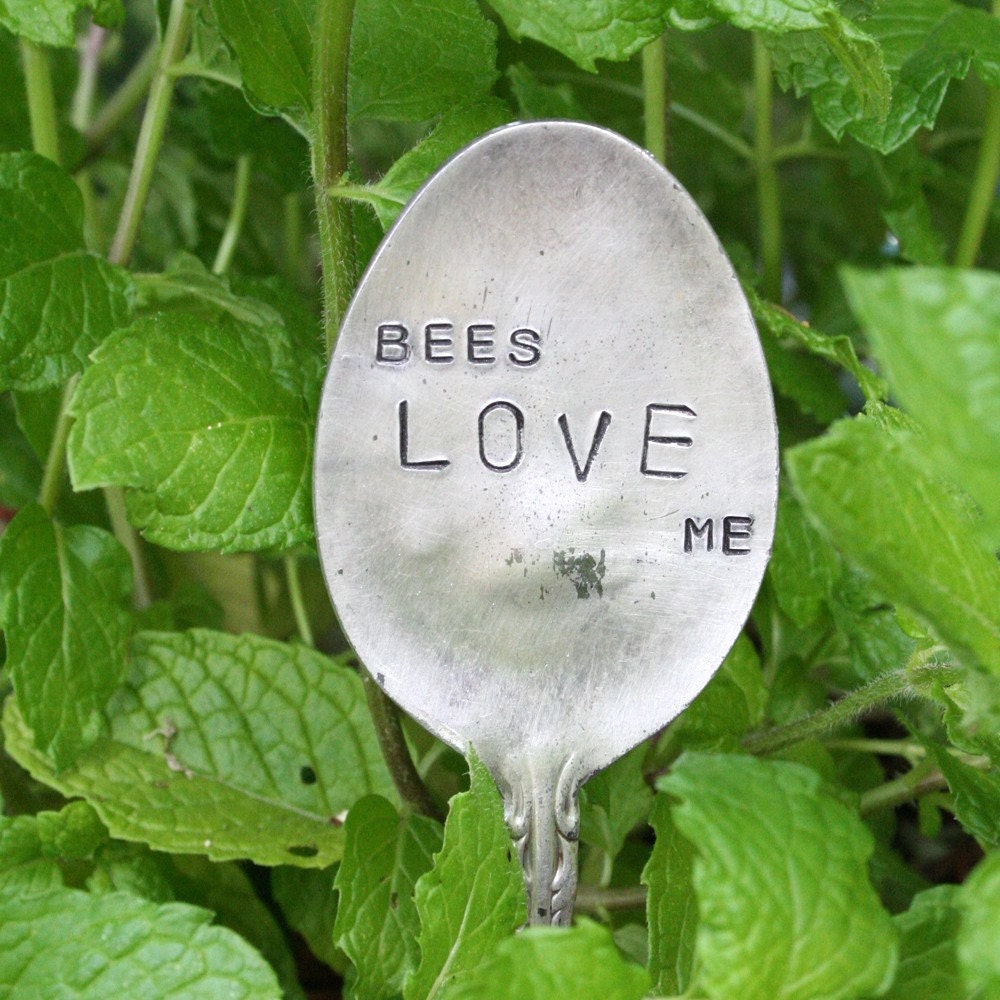 flower botanical decor bees love me flatware spoon garden marker in midnight black and silver