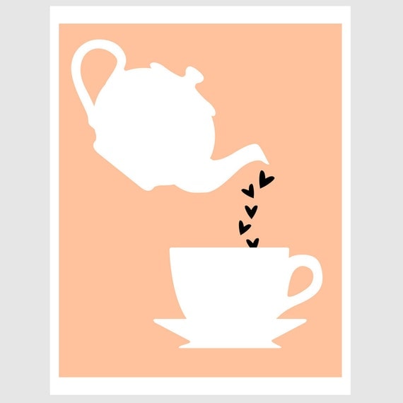 birthday anniversary tea kettle and mug illustration paper print in country pink and black