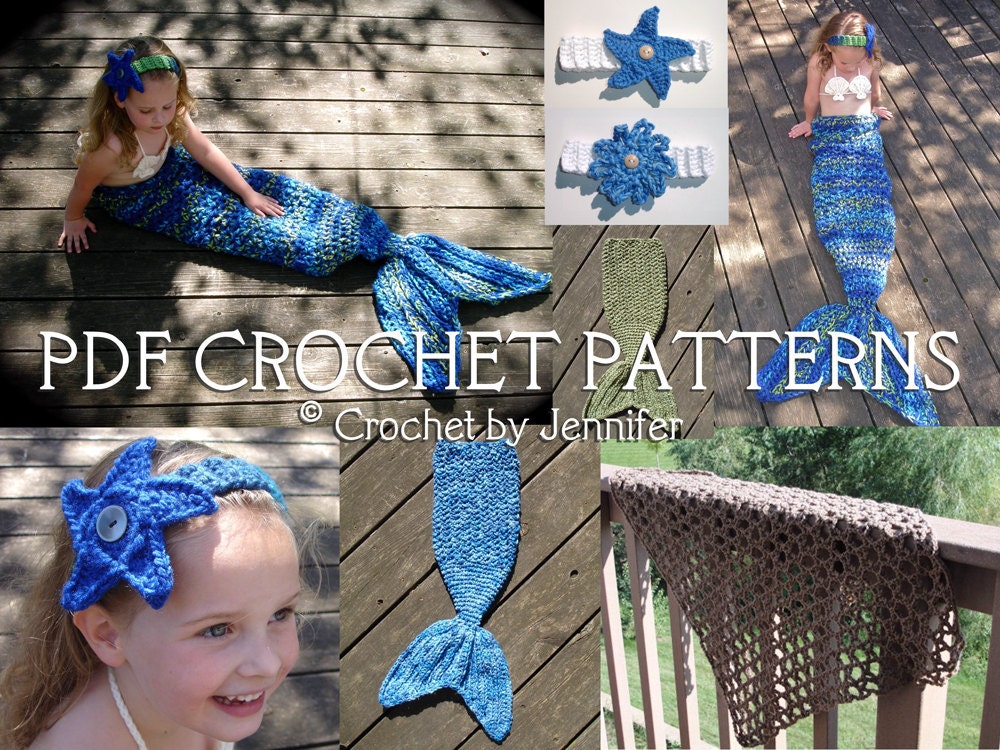 Set of 4 Crochet Patterns - Mermaid Tail, Headband, Bikini Top, Fishing Net Blanket Photography Props - Welcome to sell finished items