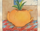 Tea, yellow, vintage, teapot art print 13" x 19"  Giclee Print Poster from Original Illustration