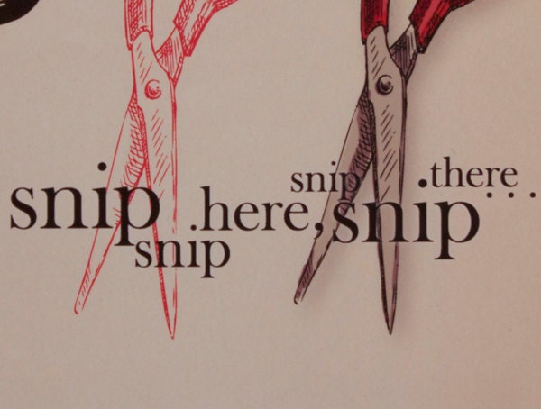Scissors, typography, vintage, red 10" x 8" Giclee Print from Original Illustration
