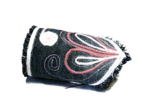 Boho hippie jeans cuff textile bracelet pink white bohemian styles asymmetrical fiber cuff upcycled bracelet