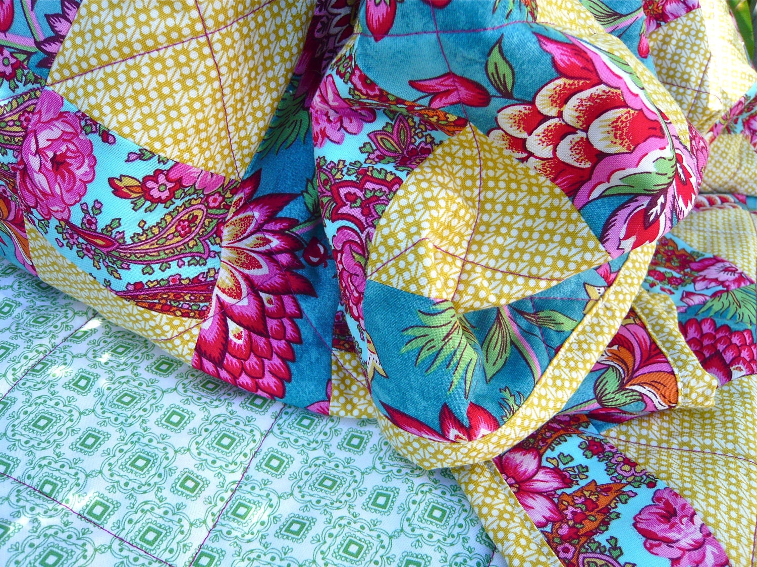 Garden Party Quilt -- Woven Design w/Bright Pink, Blue, and Yellow