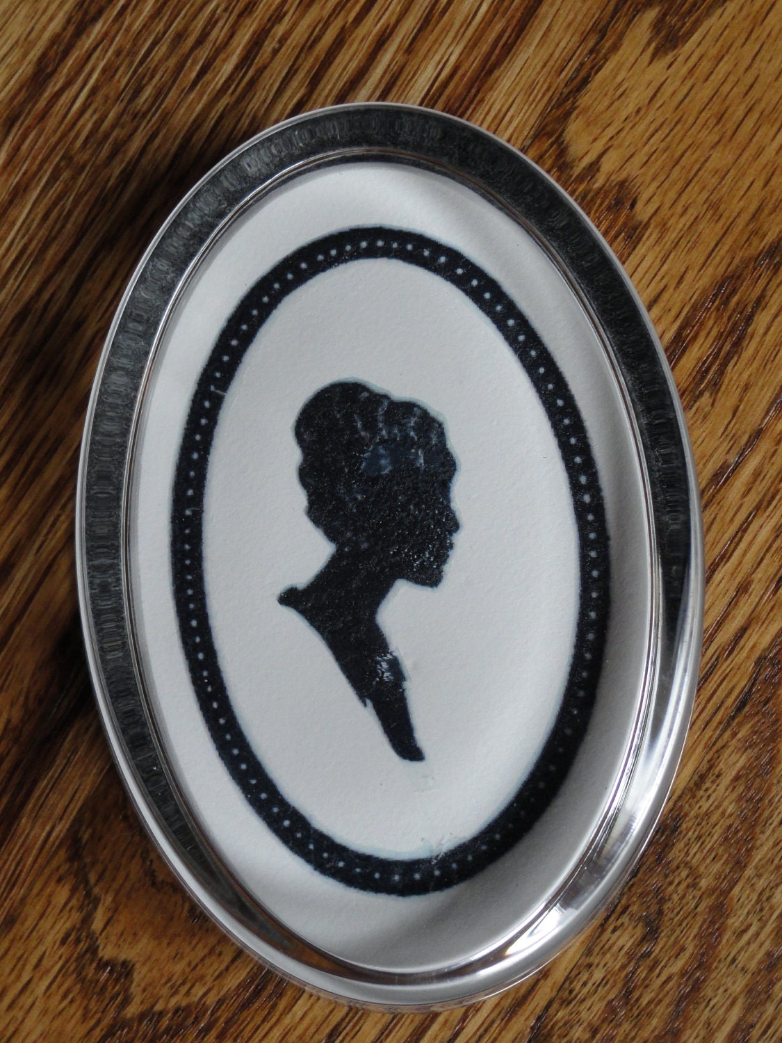 Oval Glass Paperweight 1920s WOMAN in SILHOUETTE with BOBBED Hair Classic Profile in Black and White