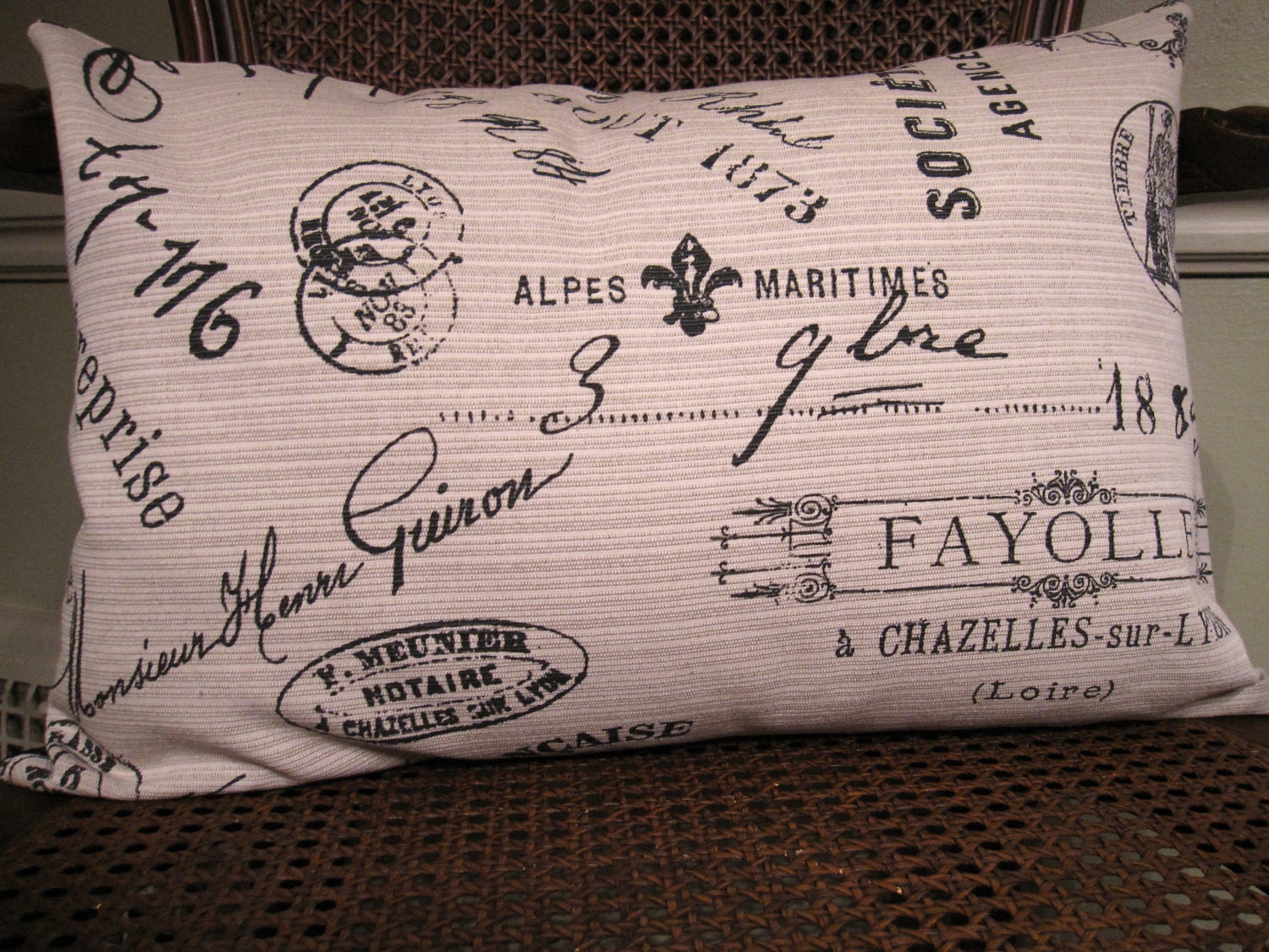 decorative pillow. 14 x 20 lumbar. remnant fabric. French script fabric.