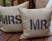 Set of 2 Mr. and Mrs. Burlap Pillows