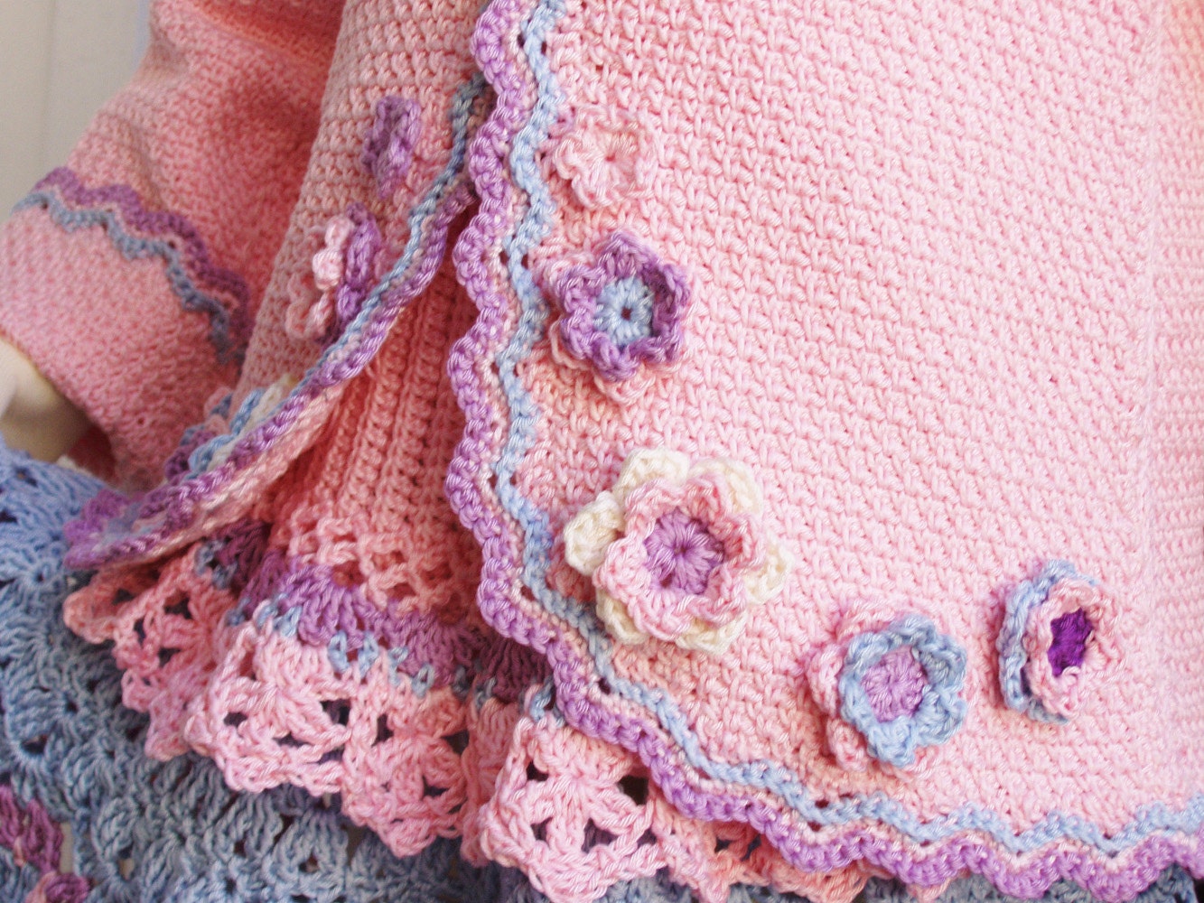 Crochet Cardigan Girl Pattern - Pink Jacket with flowers and Wavy borders - Instant Download