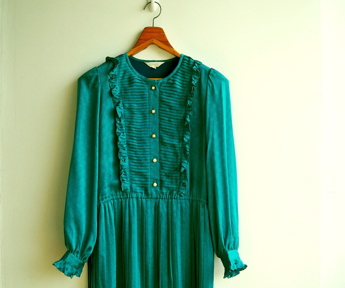 Vintage Turquoise Ruffle Details Puff Sleeves Pleated Skirt Dress