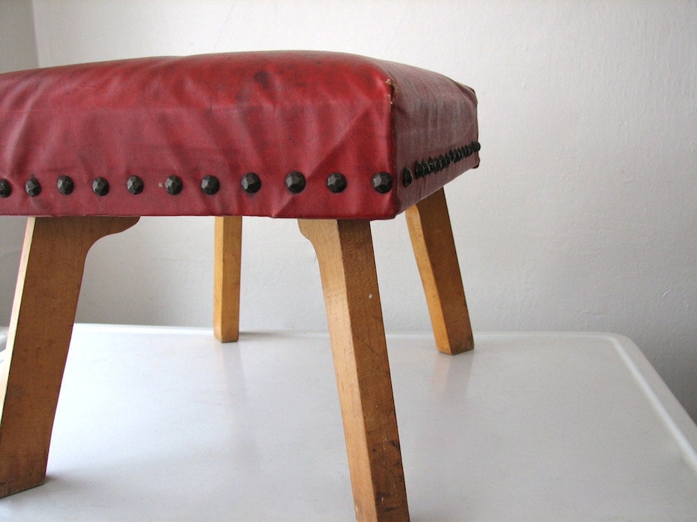 Vintage Faux Leather Stool / Footstool - sturdy wood