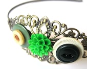 Green headband - filigree headband - vintage buttons, cream, brown, green, green flower, chrysanthemum - metal headband