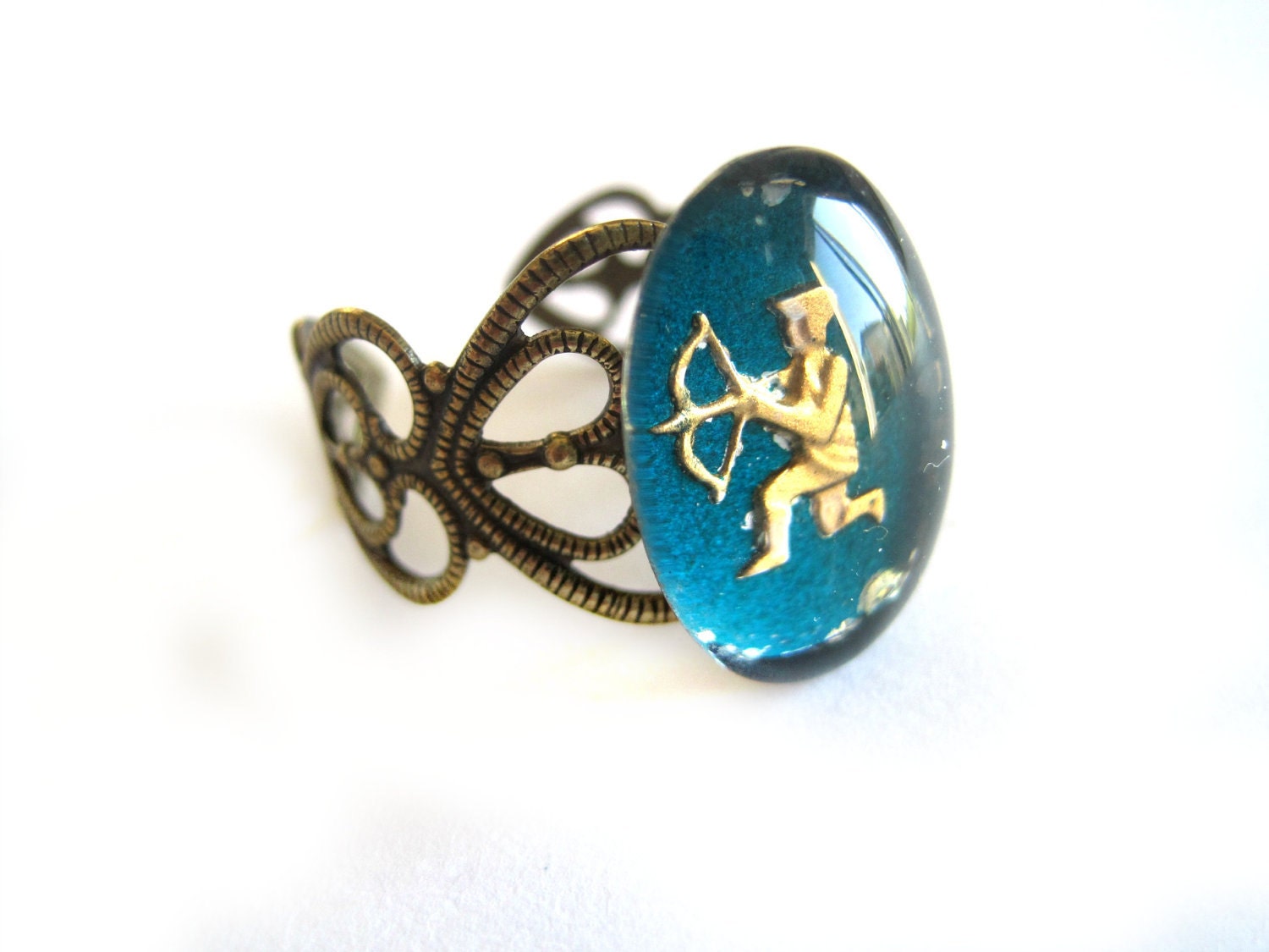 Blue ring - Vintage button, vintage cameo - Sagittarius, Archer - Zodiac, star sign - gold, blue, brass filigree ring