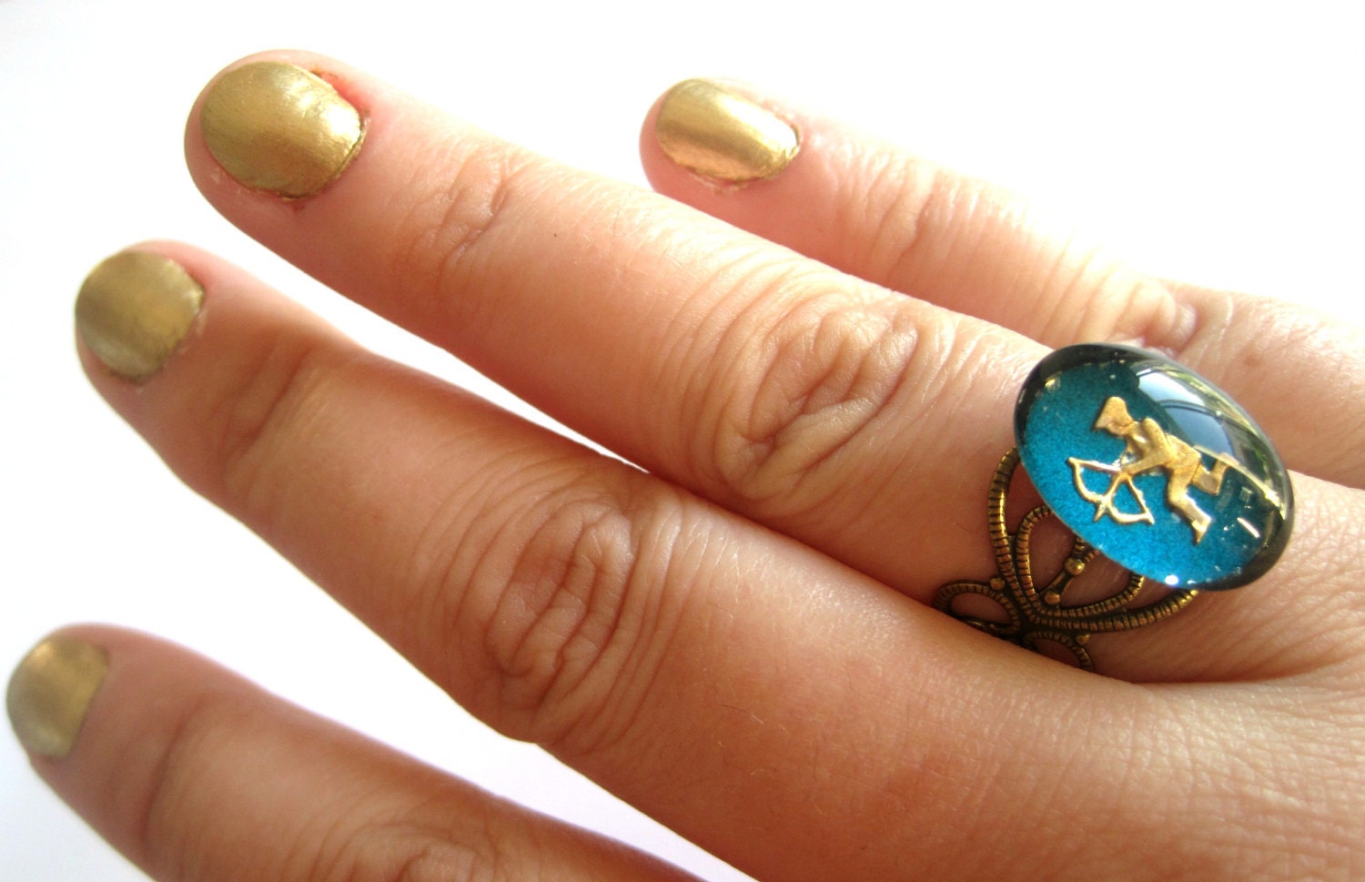 Blue ring - Vintage button, vintage cameo - Sagittarius, Archer - Zodiac, star sign - gold, blue, brass filigree ring