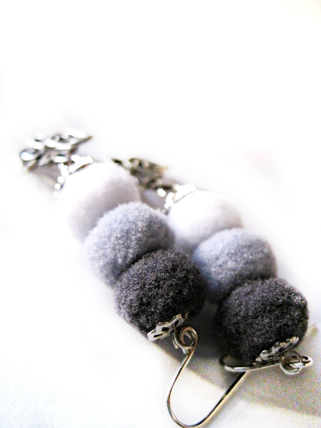 Pom pom earrings - gradual greys - Grey earrings - ombre graduated tones - neutral colors - silver earrings - BIRD dangles, dove charms