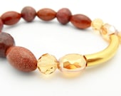 Rhodonite Gold Jewelry Bead Bracelet and 22k Gold Tube Charm Beaded Bracelet Earth Tone Natural Bohemian - DLaPaix