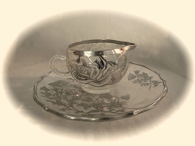 vintage crystal and silver coffee creamer and candy dish