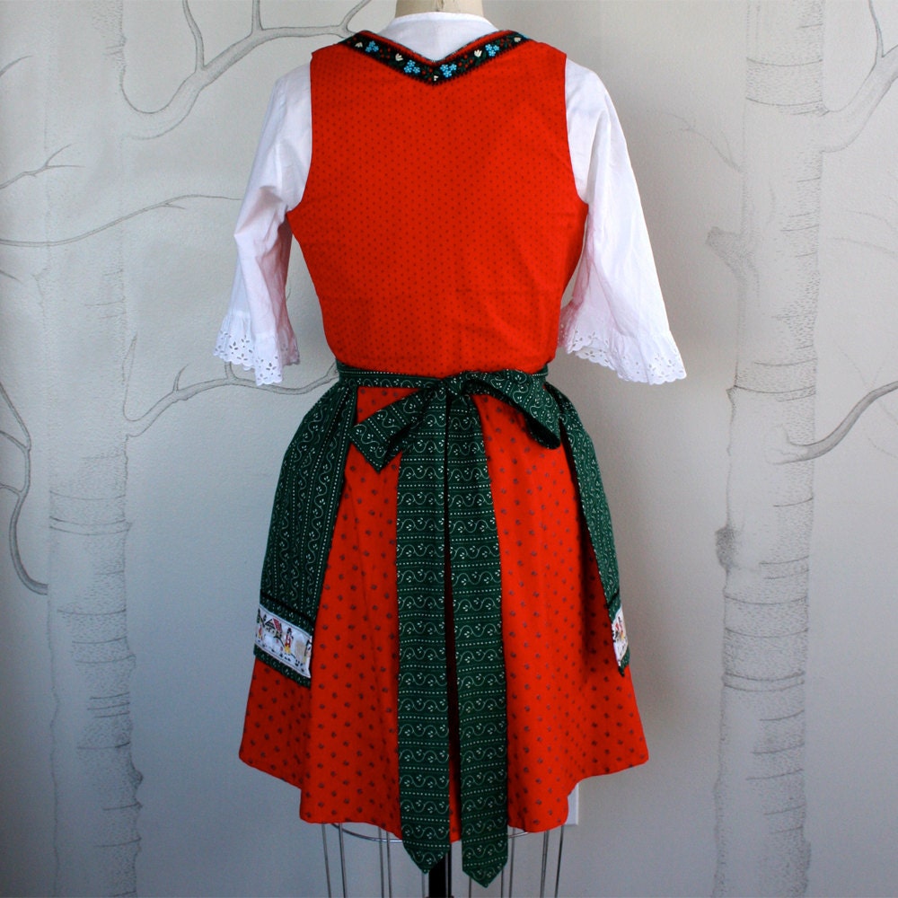 1960 Dirndl Dress German Apron Blouse Corset / Red White Green / Cotton Eyelet / Large - Gerda