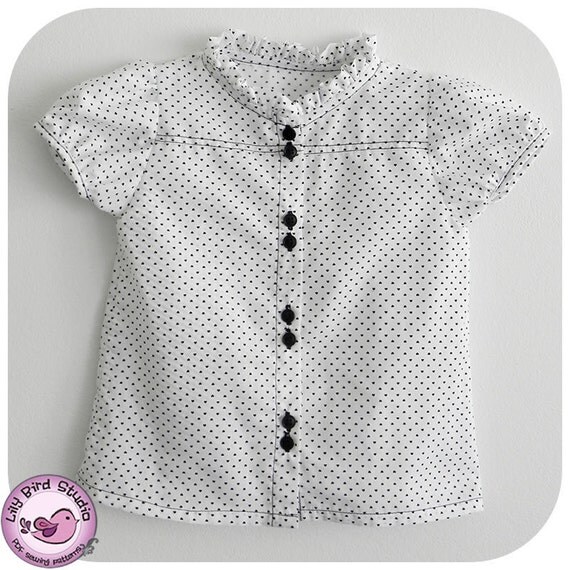 Summer blouse for Girls - button up blouse, short gathered sleeves, ruffled necline - 12 months to 8 years - PDF Pattern and Instructions