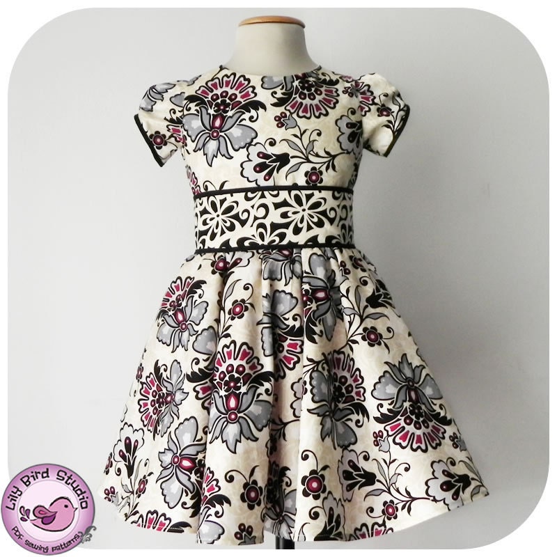 Lily Bird Studio PDF Sewing Pattern - Amanda's Dress - 1 to 10 years - circle skirt, classic bodice, puffy sleeves, wide sash