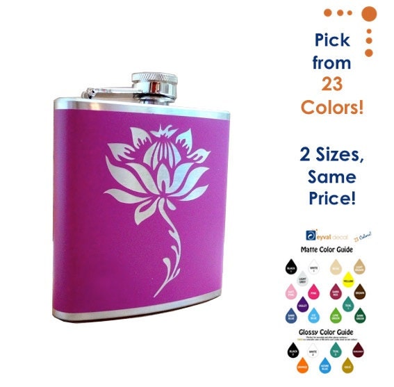 lotus Flower FLASK- alcohol, liquor, booze, wedding, bridal party, hip pocket- Personalized Custom - YOU pick COLOR
