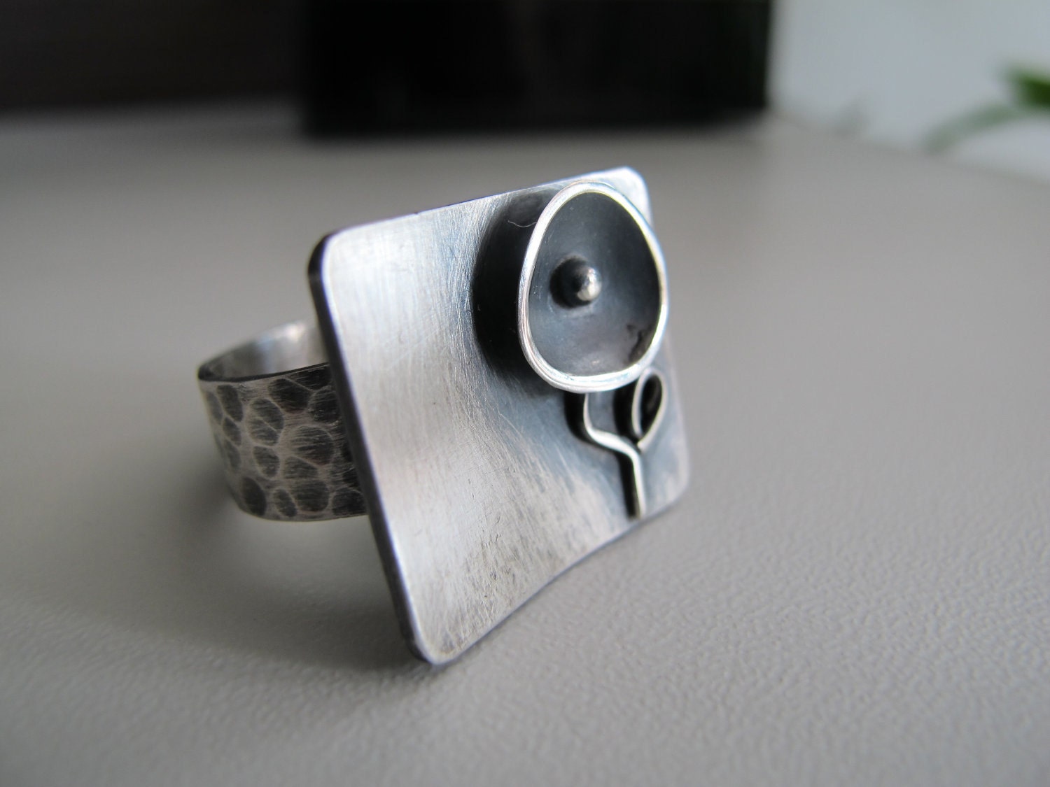 Silver ring black flower oxidized, handmade