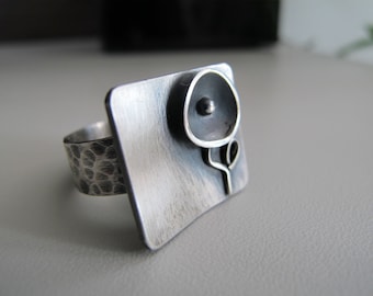 Silver ring black flower oxidized, handmade