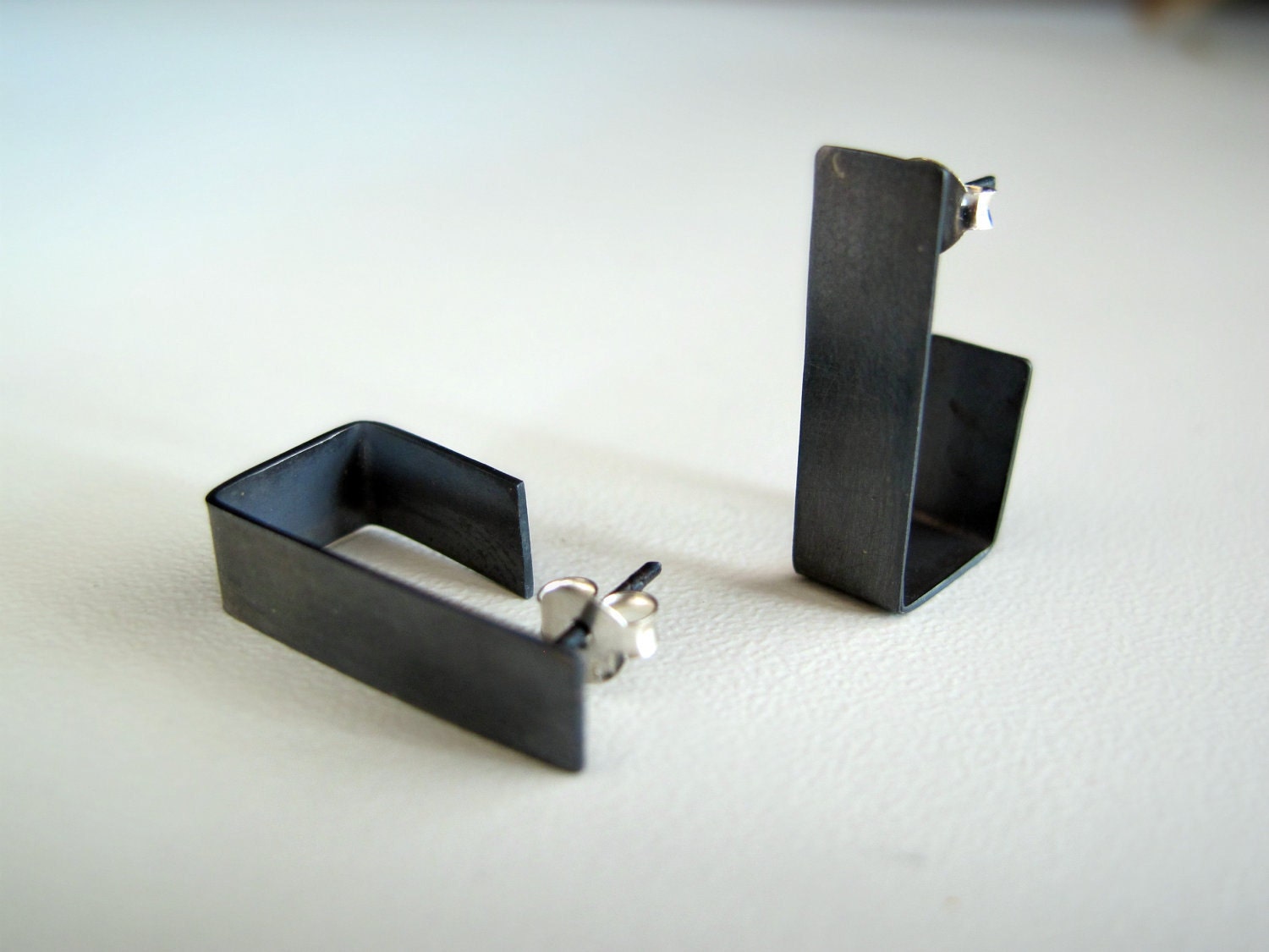Contemporary simple silver oxidized post earrings, modern,