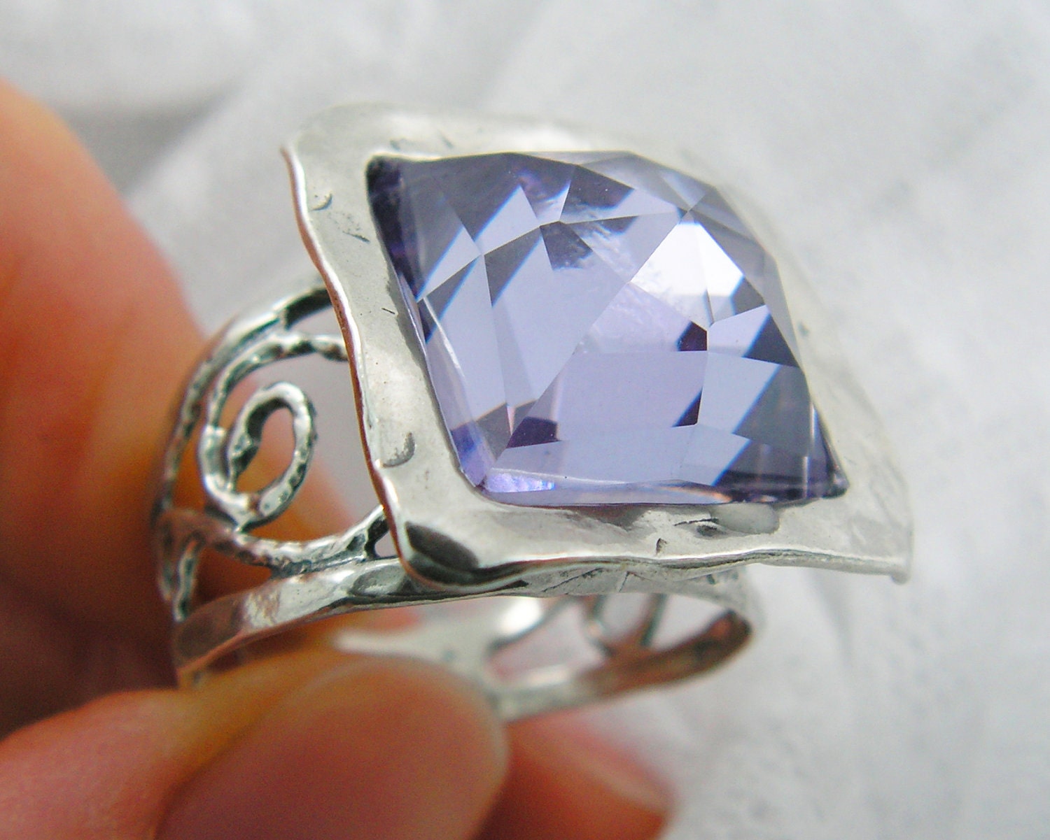 PURPLE Square CZ-Sterling silver open work ring (sr-9966). birthday gift for mom sister wife, unique silver rings