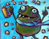humorous Goblin Creature with a Beer original art acrylic painting Blue