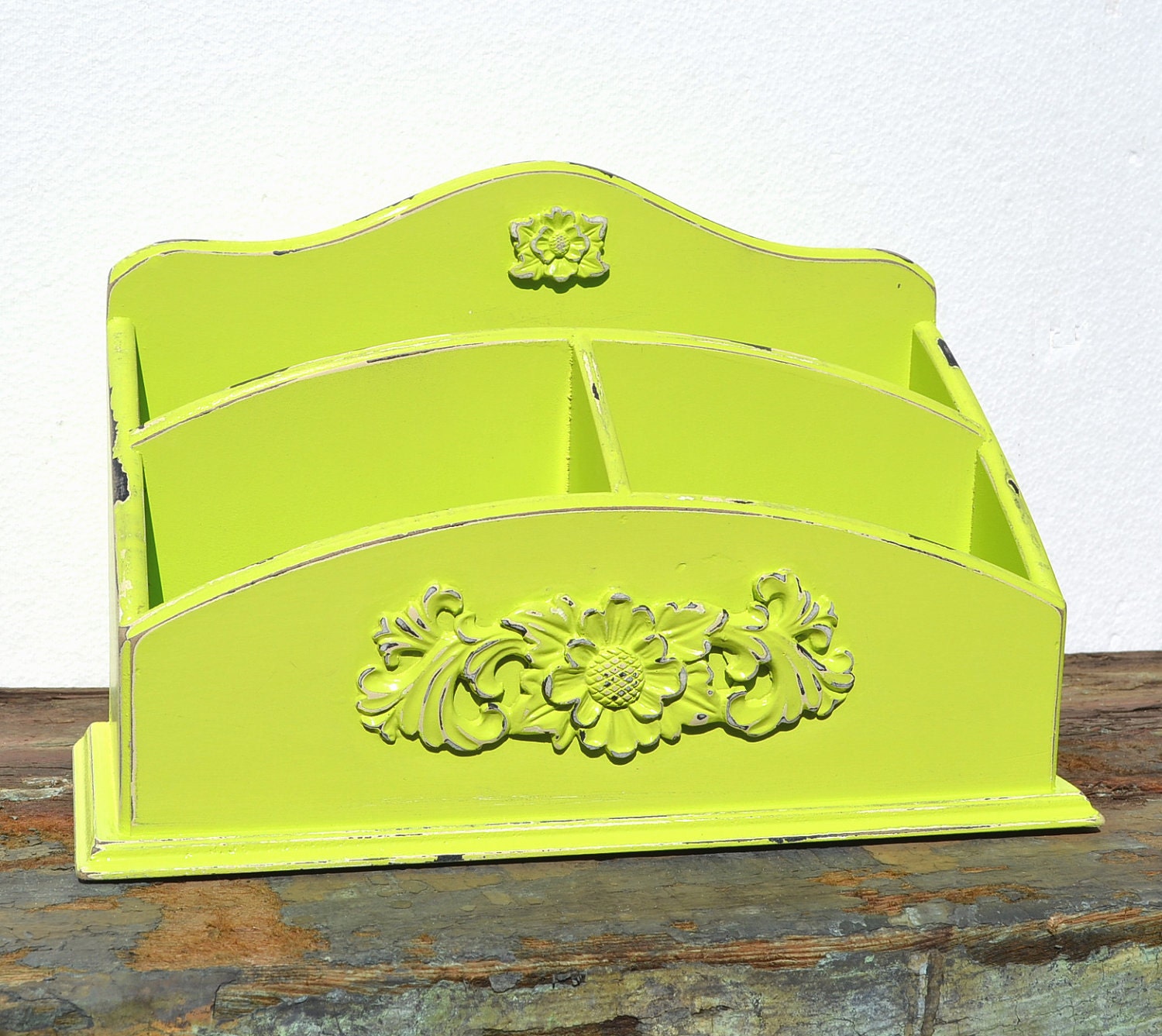 Mail Holder Wood Distressed Lime Green Finish Vintage