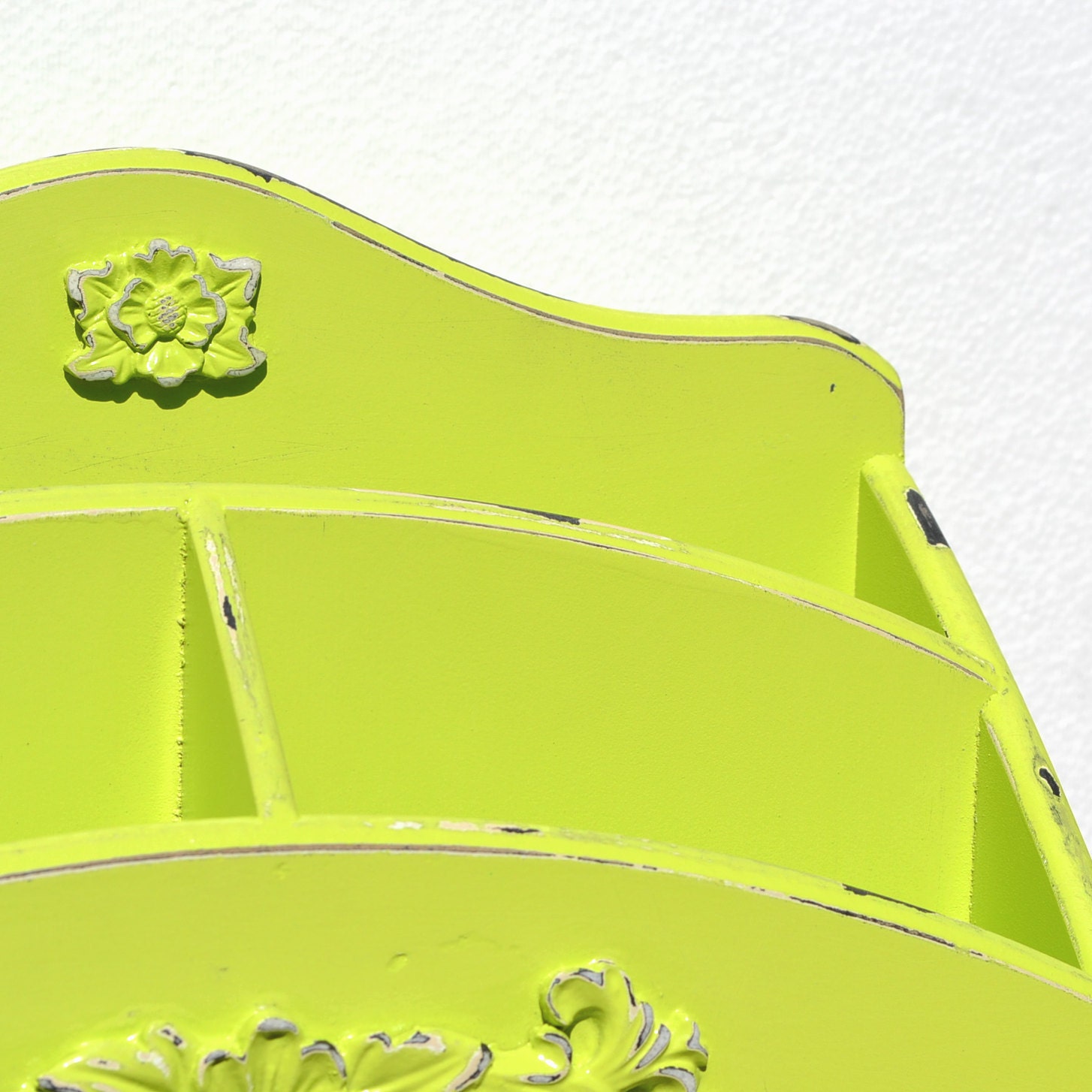 Mail Holder Wood Distressed Lime Green Finish Vintage