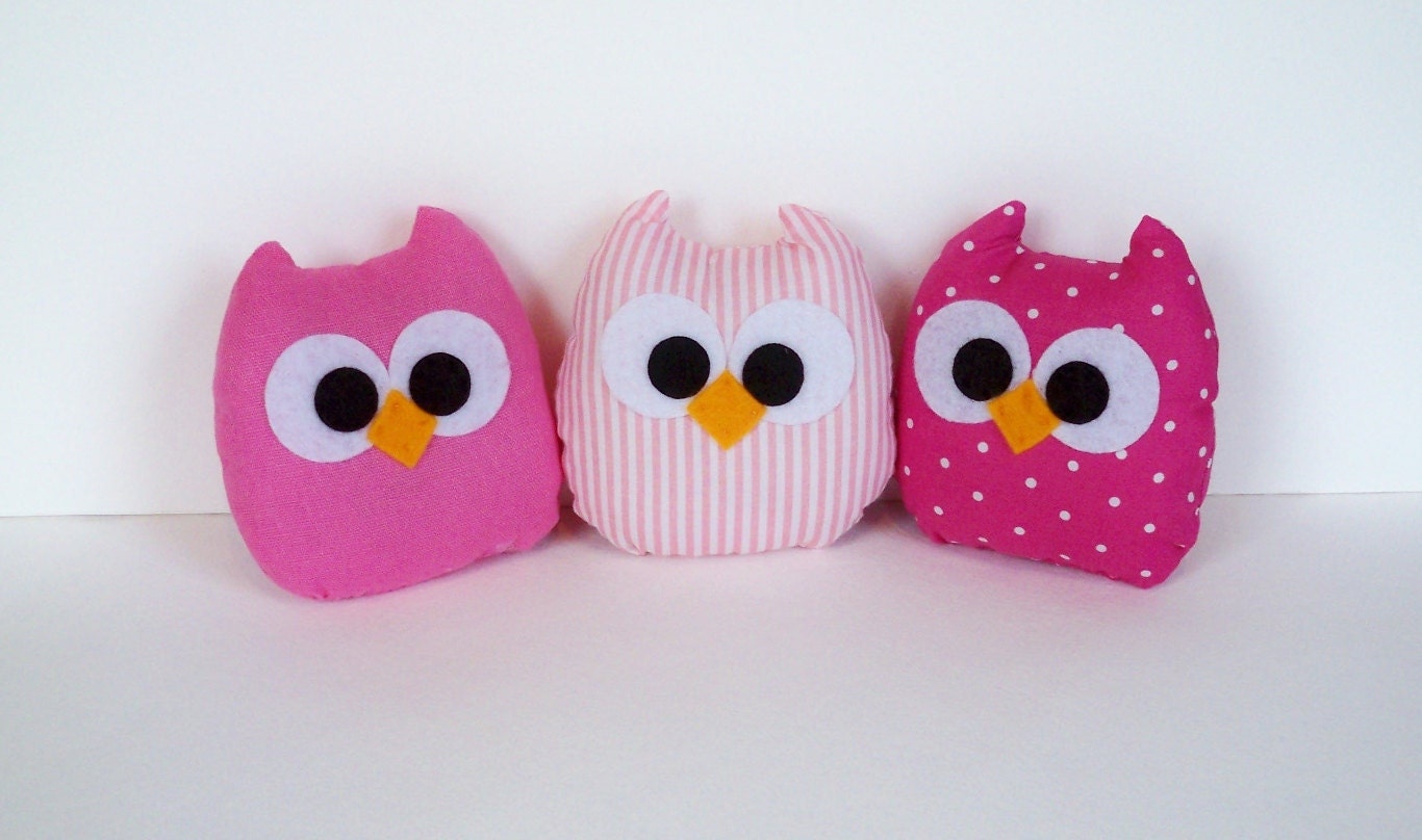 3 lovely light pink, polka dots pink and striped mini owls