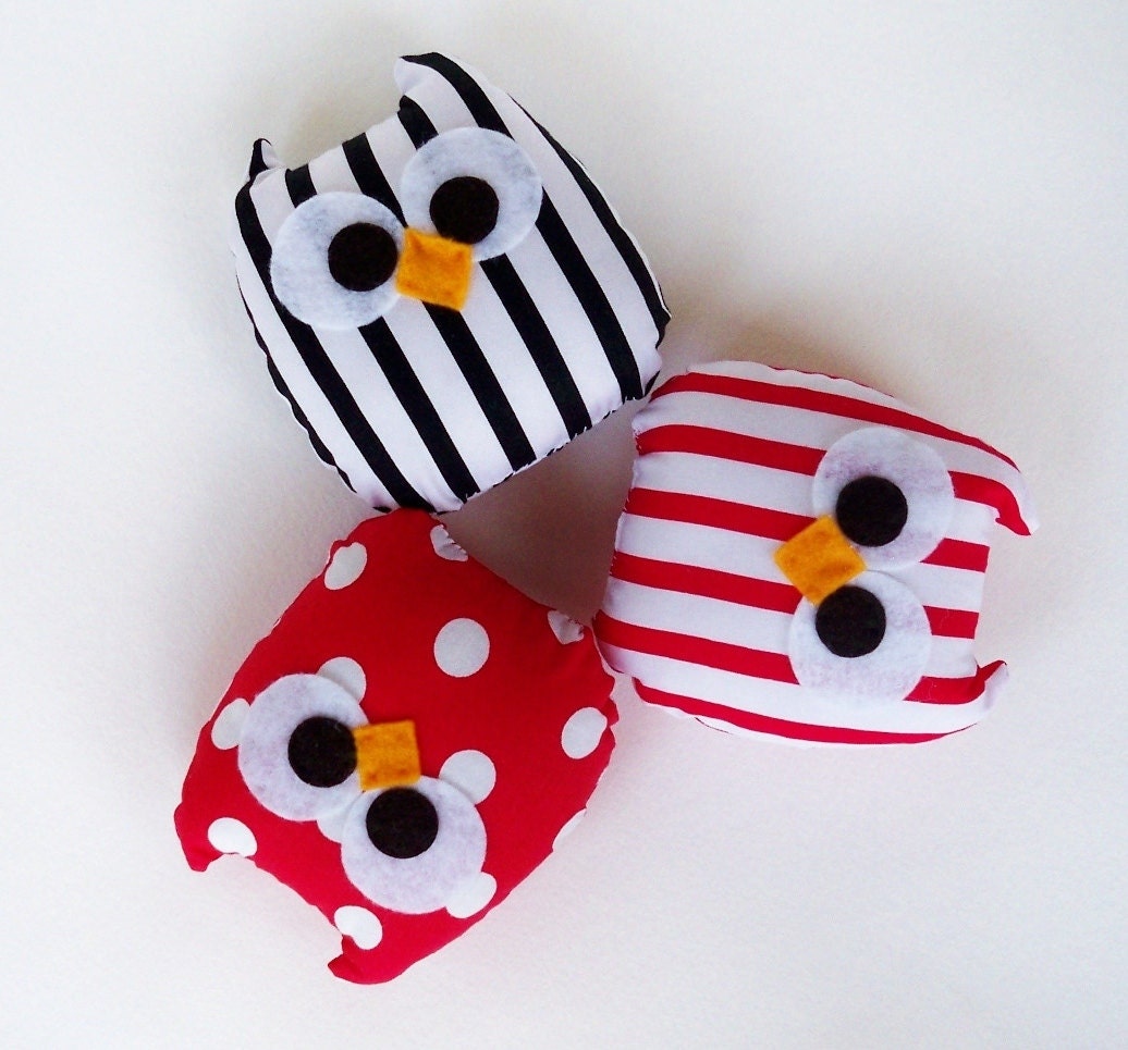 3 lovely polka dots and Striped red and black mini owls