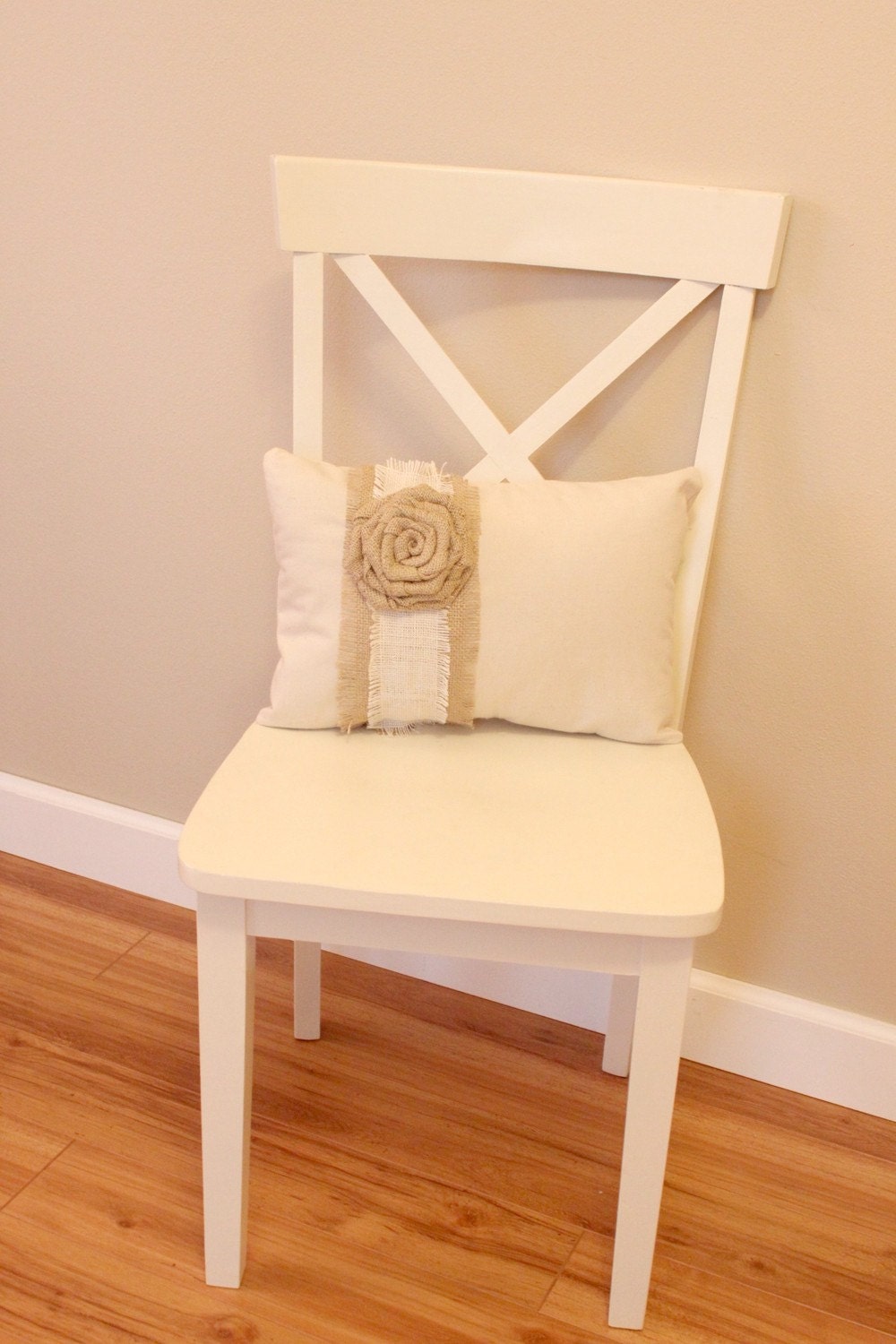 Cream Pillow with Cream and Natural Burlap Stripe with Natural Burlap Rosette