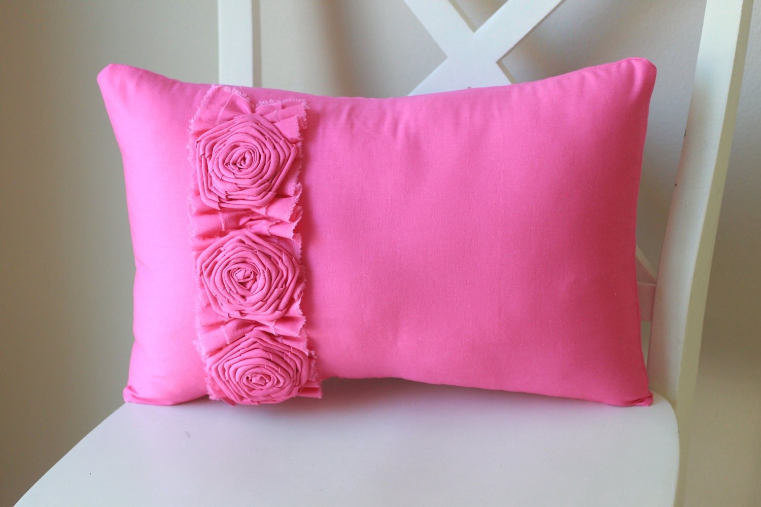 Pink Pillow with Frayed Ruffle and Three Roses
