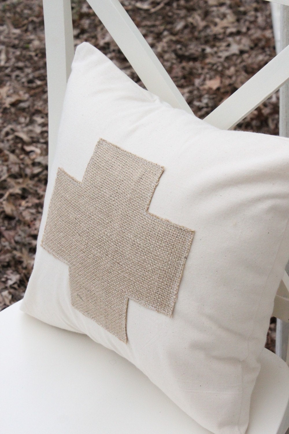 Burlap Swiss Cross on muslin pillow