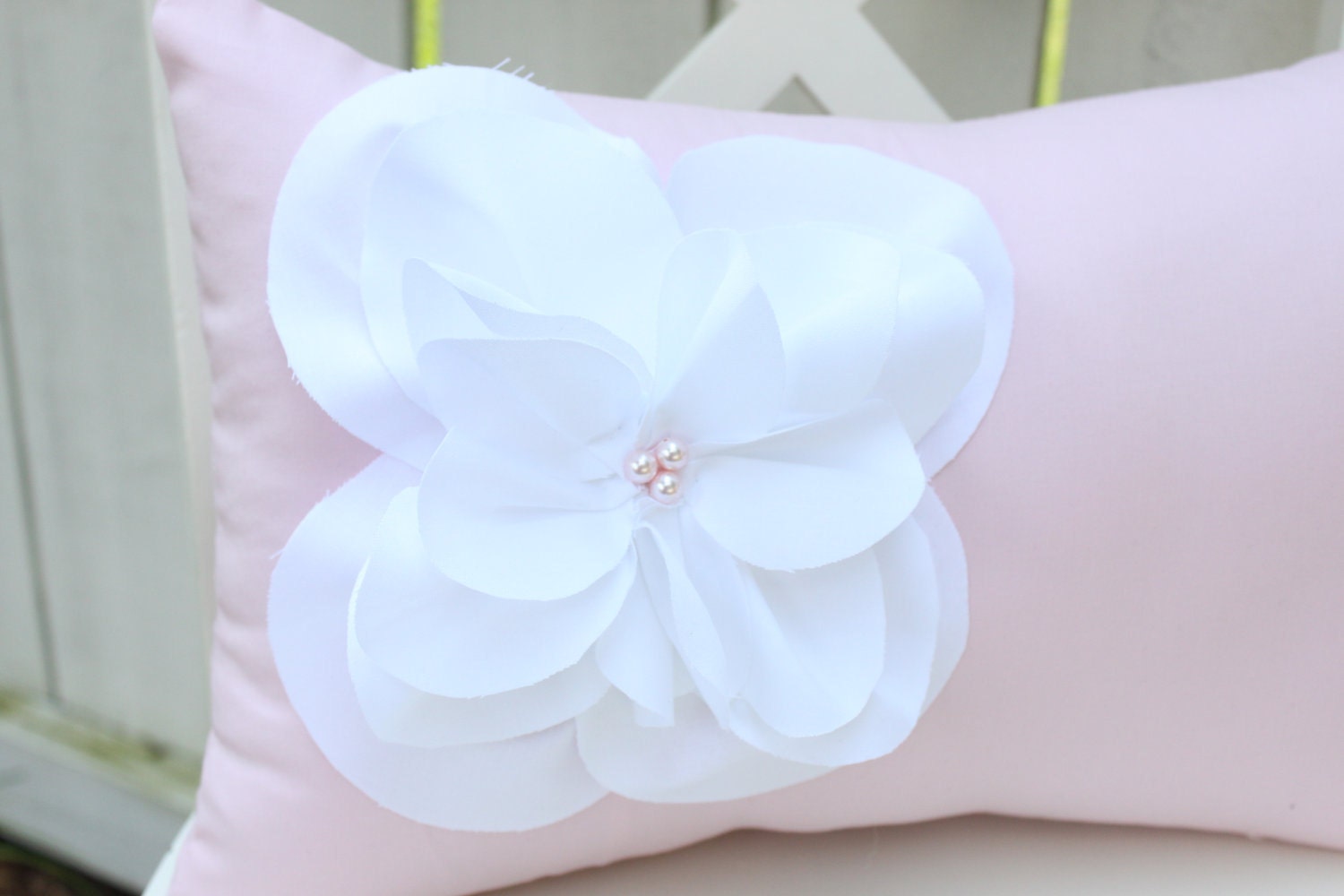 Pink Shabby Chic Pillow with White Fraying Flower and Pink Pearl Accents