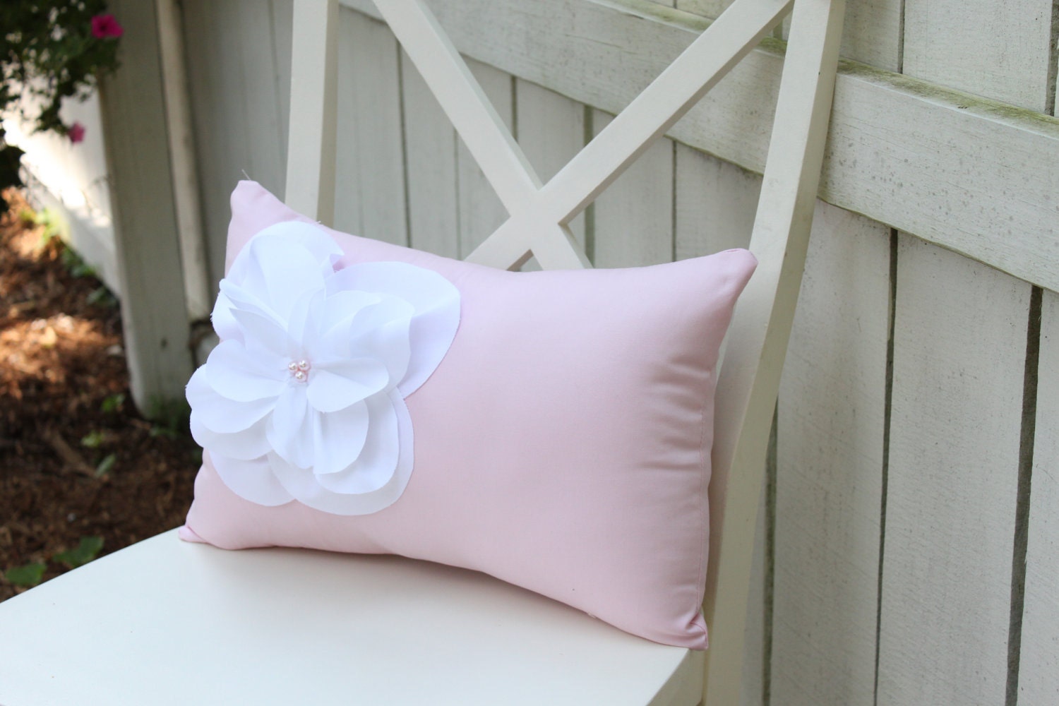 Pink Shabby Chic Pillow with White Fraying Flower and Pink Pearl Accents